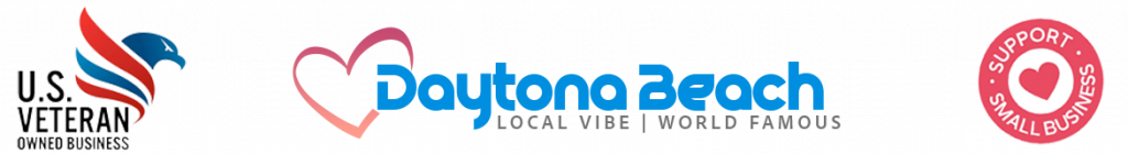 Veteran Owned Business, Daytona Beach World Famous, and Support Small Business logos