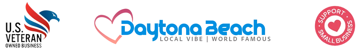 Veteran Owned Business, Daytona Beach World Famous, and Support Small Business logos
