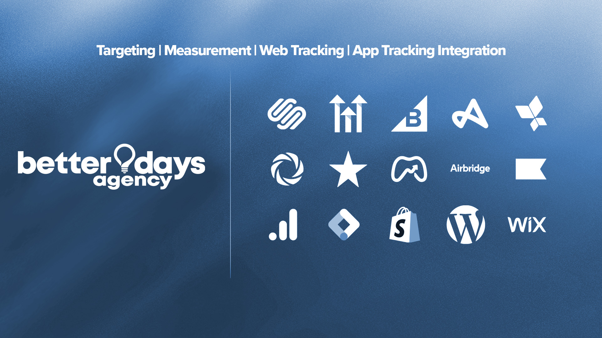 Targeting Measurement Web Tracking Integration Icons Google, Wix, Shopify, Squarespace, WordPress