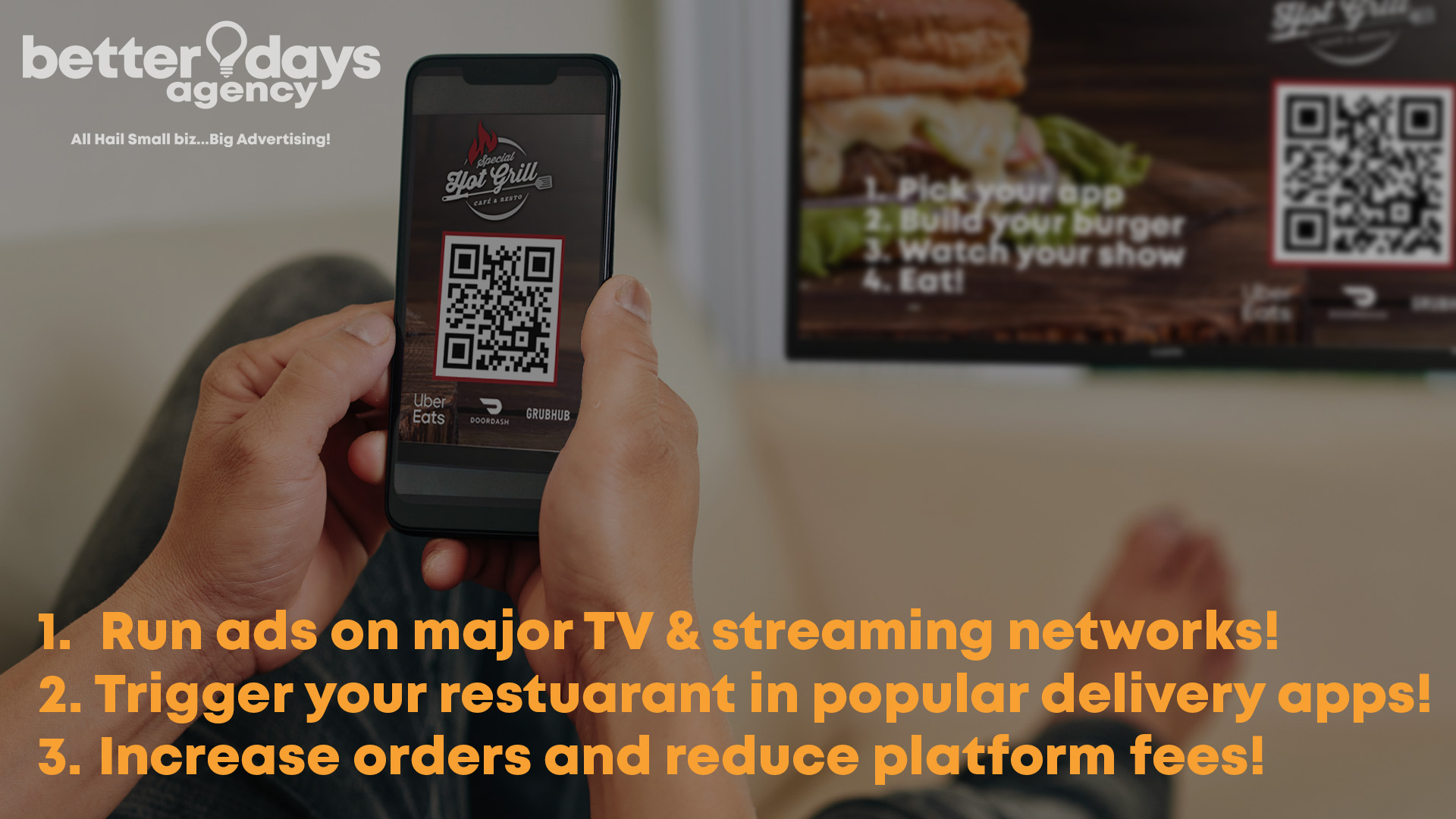Advertise on popular TV and streaming networks and drive customers to your delivery apps video overlay image
