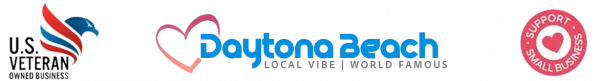 Veteran Owned Business, Daytona Beach World Famous, and Support Small Business logos